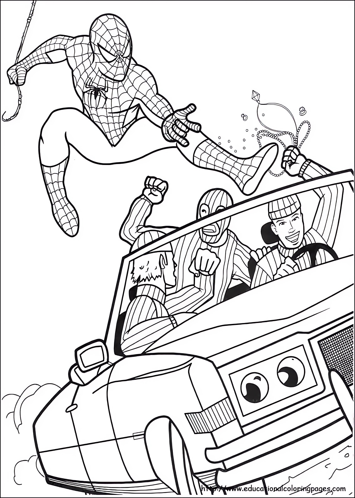 Disegno di Spiderman che cattura i criminali da stampare e colorare 