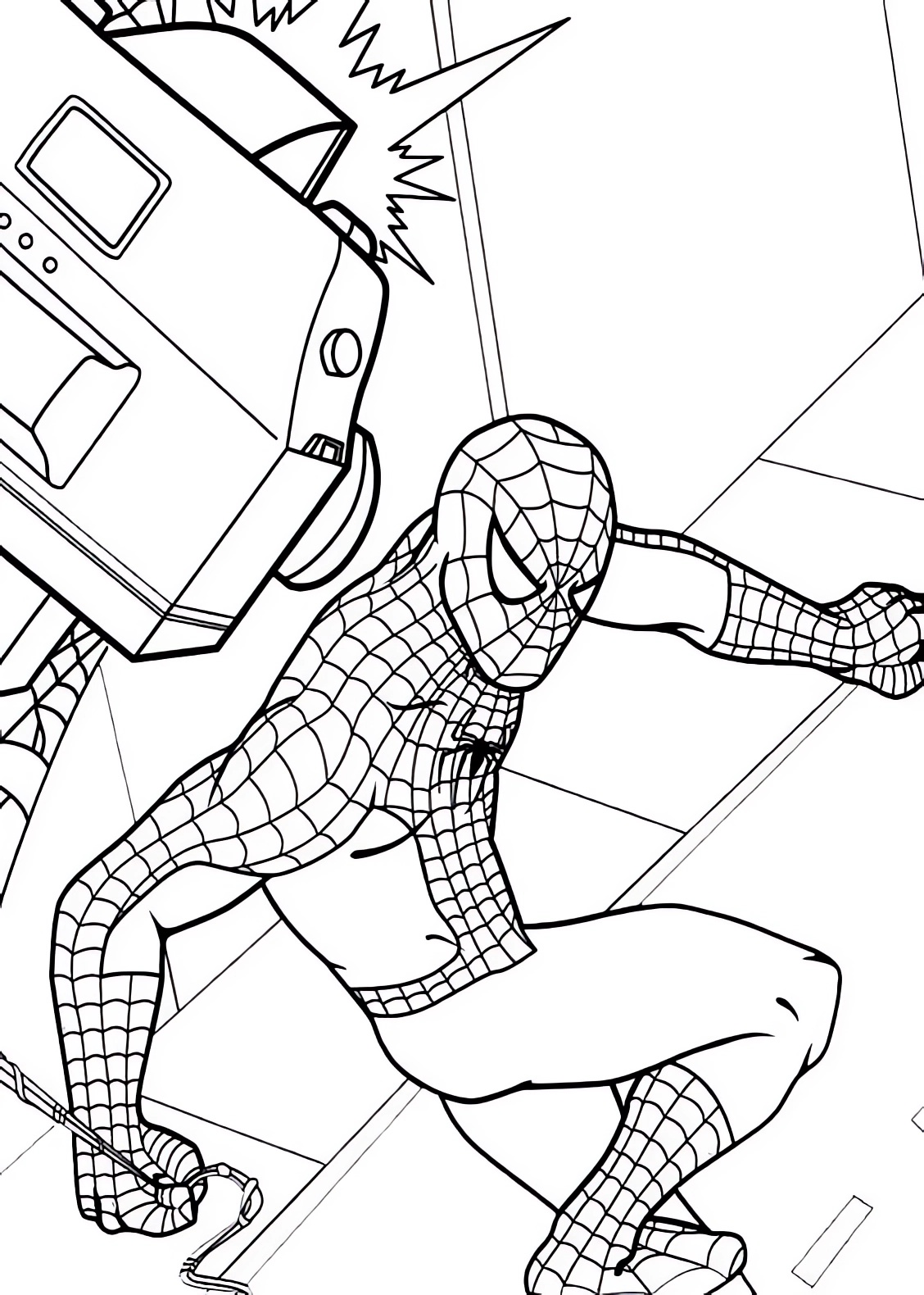 Spiderman macht ein Foto von sich selbst, um es auszudrucken und auszumalen