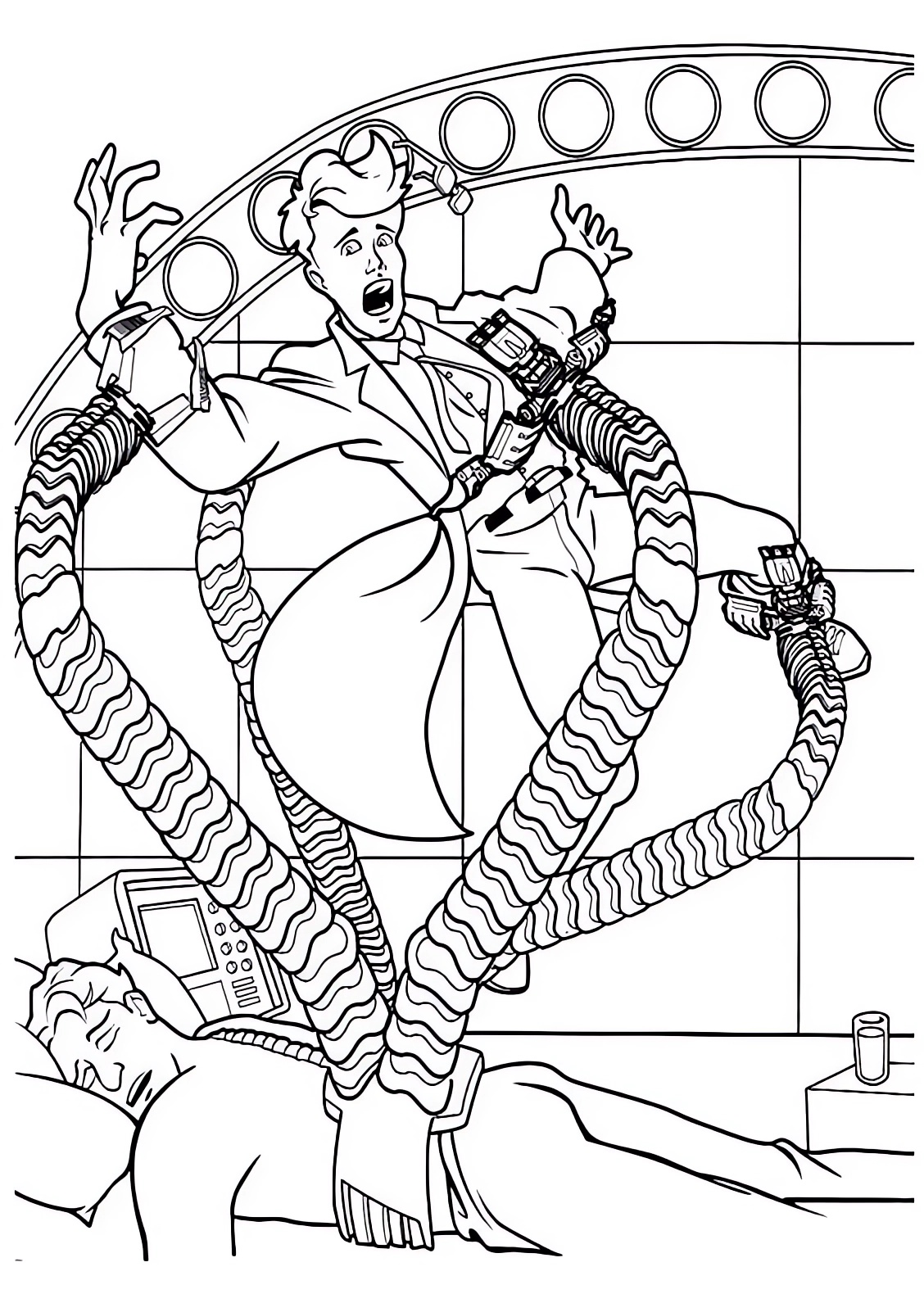 Disegno del dottor Octopus in azione con i suoi tentacoli da stampare e colorare 