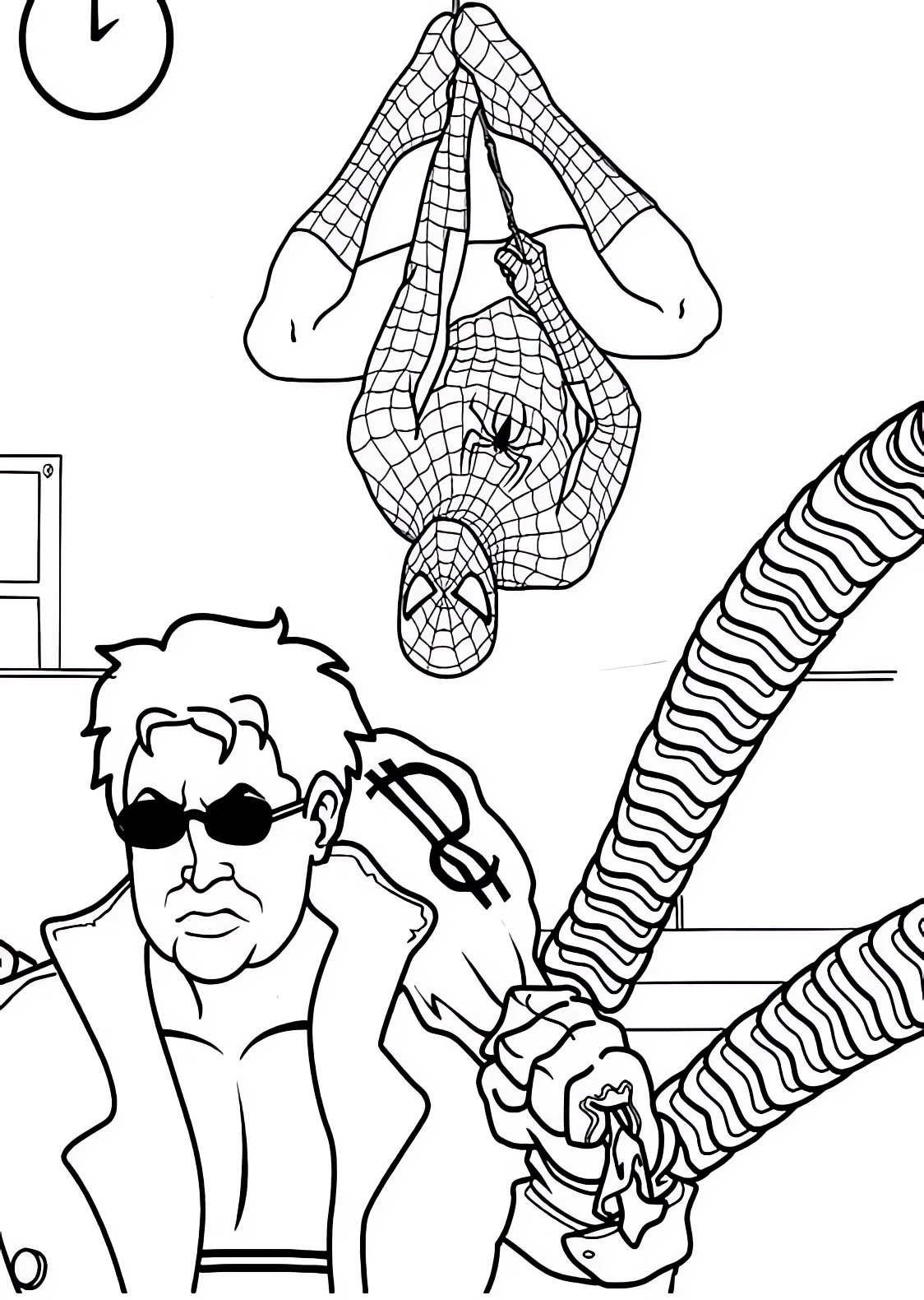 Disegno di Spiderman che spia il dottor Octopus da stampare e colorare 