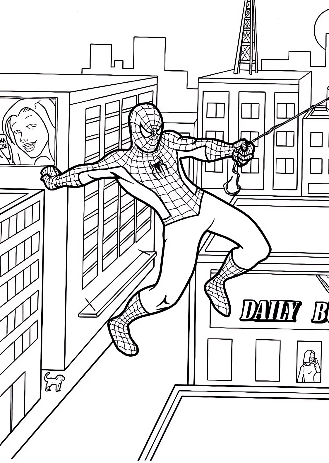 Spiderman entre los edificios para imprimir y colorear