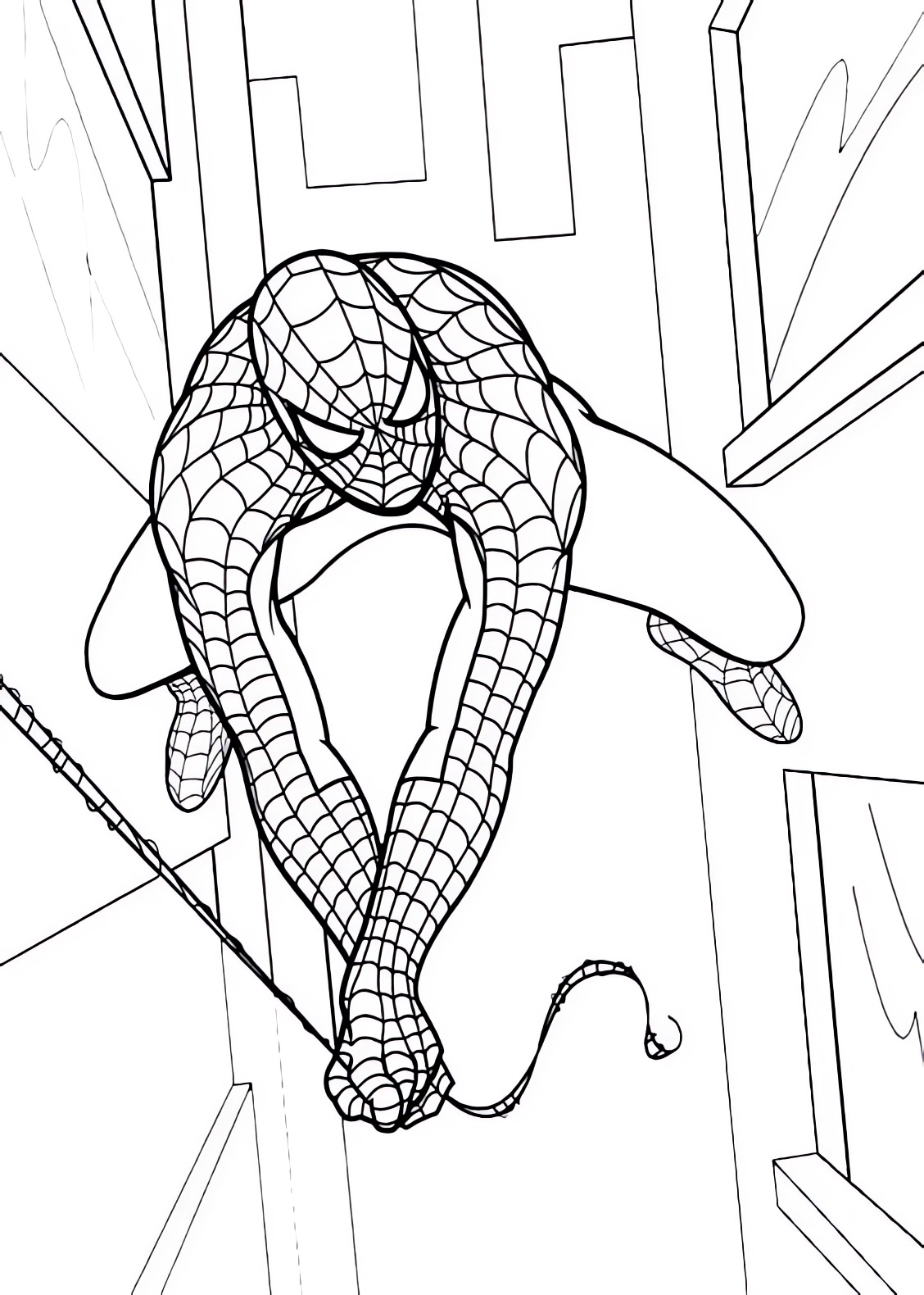Spiderman entre los edificios para imprimir y colorear