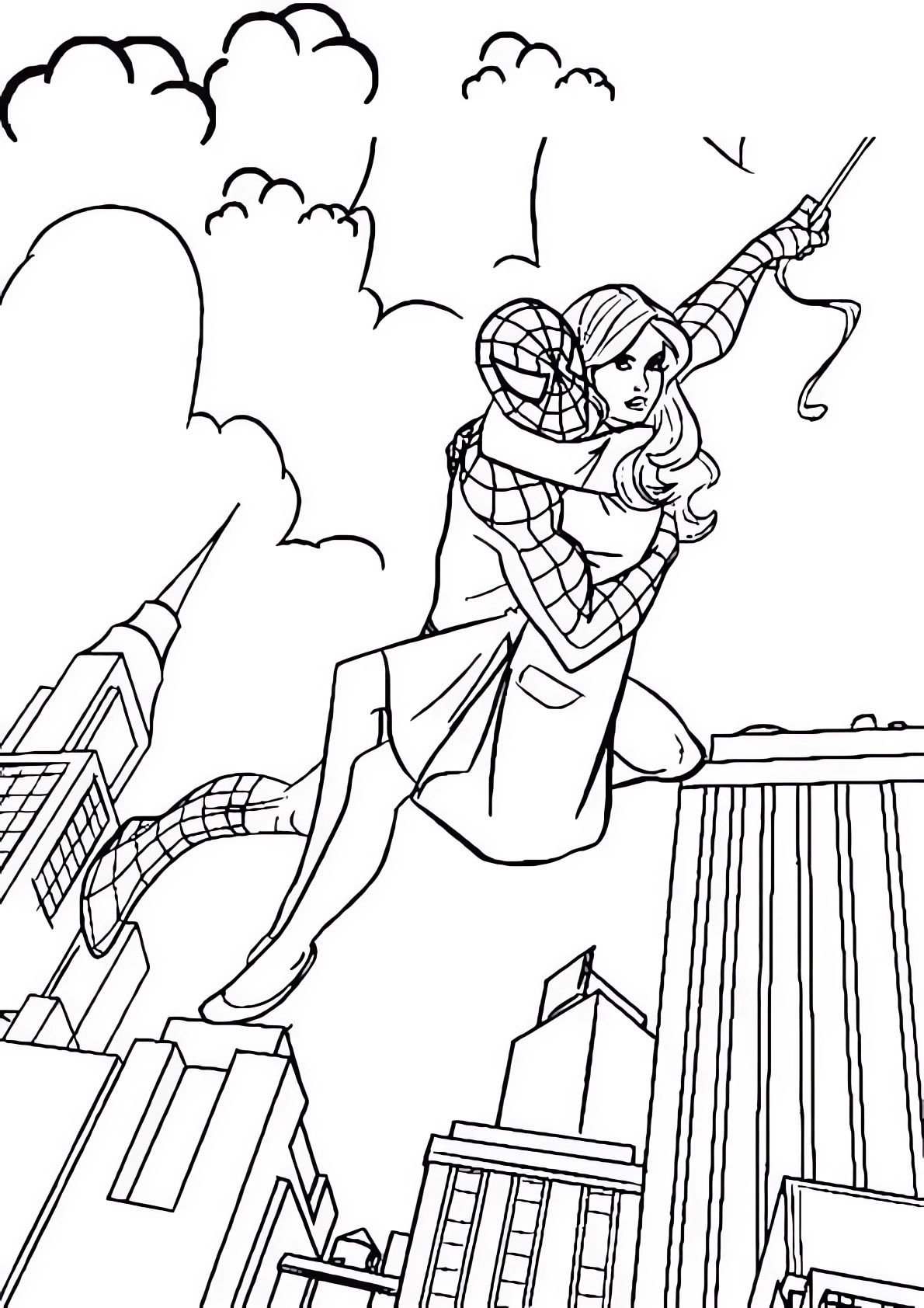 Spiderman salvando a Mary Jane para imprimir y colorear