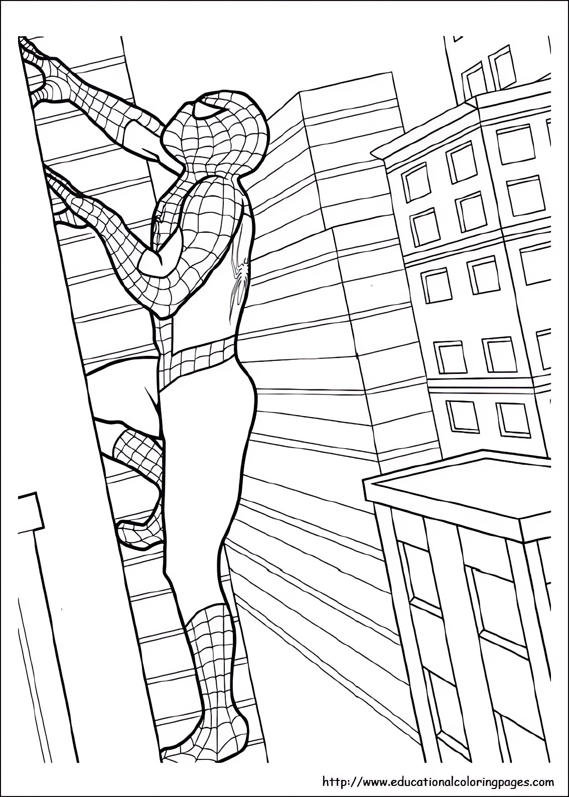 Disegno di Spiderman che si arrampica sulle pareti dei grattacieli da stampare e colorare 