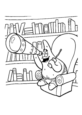 Disegno di Partick nella libreria con un telescopio stampare e colorare 
