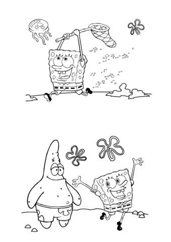 Disegno di Spongebob felice in compagnia da stampare e colorare 
