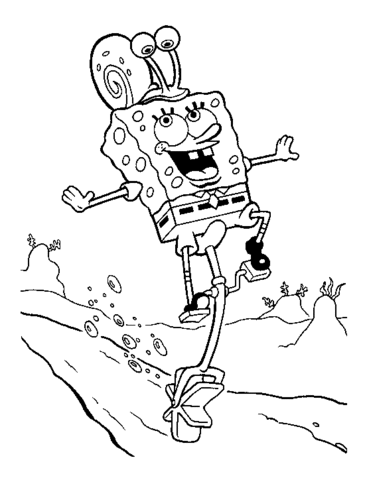SpongeBob cu Gary melcul pe cap pentru a imprima și a colora
