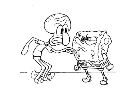 Disegno di Spongebob che litiga con Squiddi da stampare e colorare 