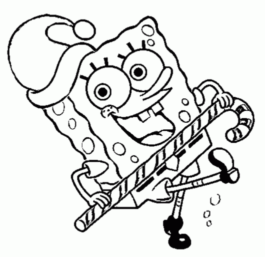 Disegno di Spongebob con cappello di Natale e bastone di zucchero da stampare e colorare 