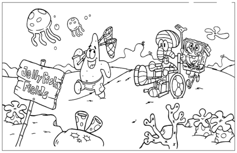 Disegno di Spongebob, Patrick e Squiddi nel parco di Jellyfish da stampare e colorare 