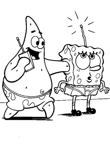 Disegno di Patrick che infila la mano nell'orecchio di Spongebob da stampare e colorare 