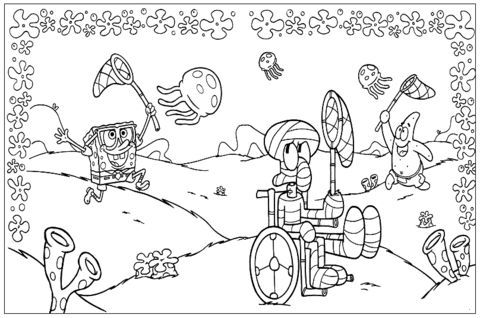 Disegno di Spongebob, Patrick e Squiddi ingessato sulla sedia a rotelle da stampare e colorare 