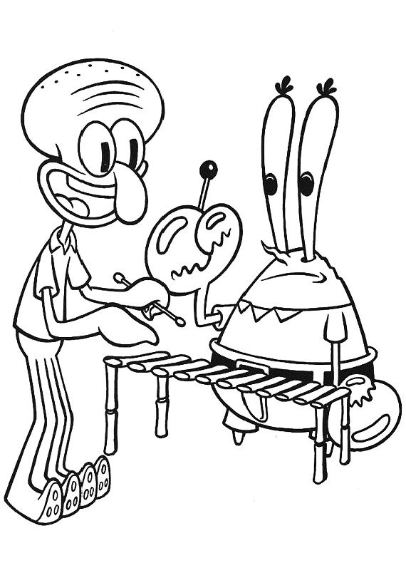Disegno di Squiddi e Mr Krabs che suonano lo xilofono da stampare e colorare 