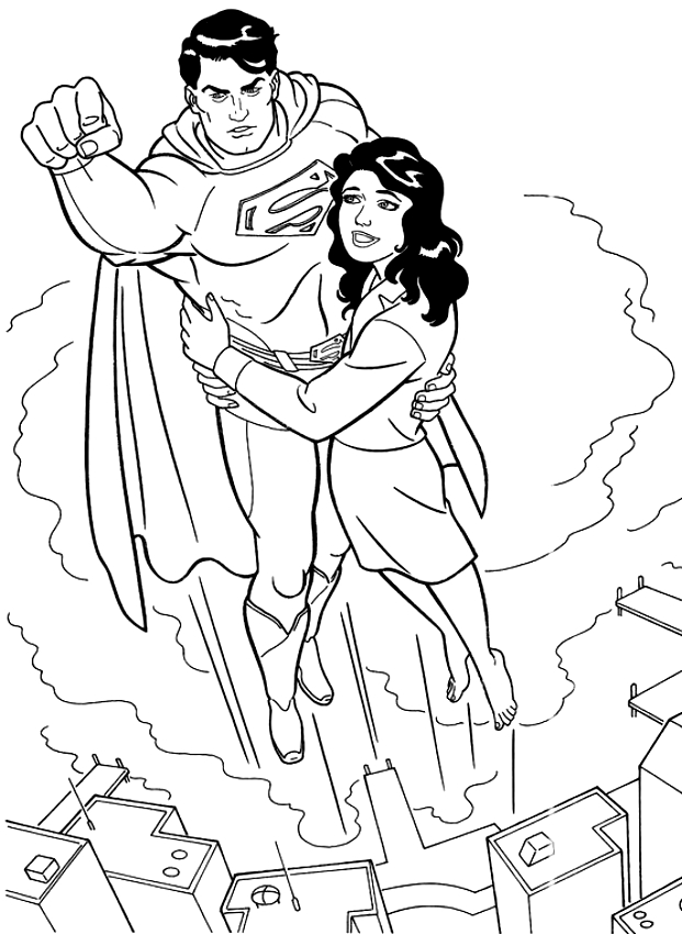 인쇄하고 색칠하기 위해 도시 상공을 날아다니는 슈퍼맨과 로이스 레인의 그림