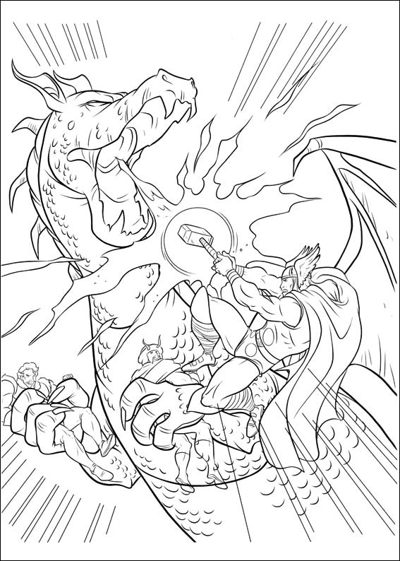 Pagina de colorat de Thor care combate Dragonul pentru a imprima și a colora