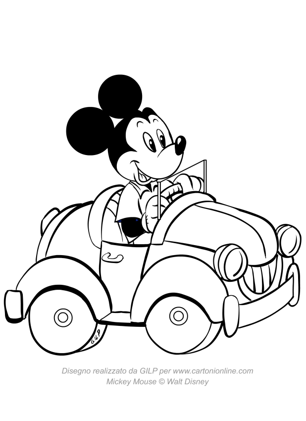 Mickey Mouse kör en bil för att skriva ut och färg