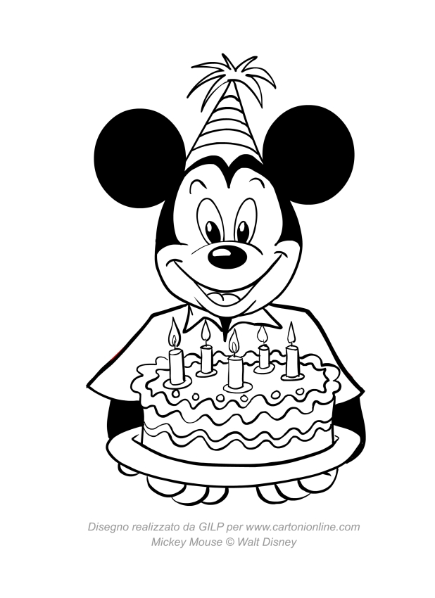 Mickey Mouse con tarta de cumpleaños para imprimir y colorear