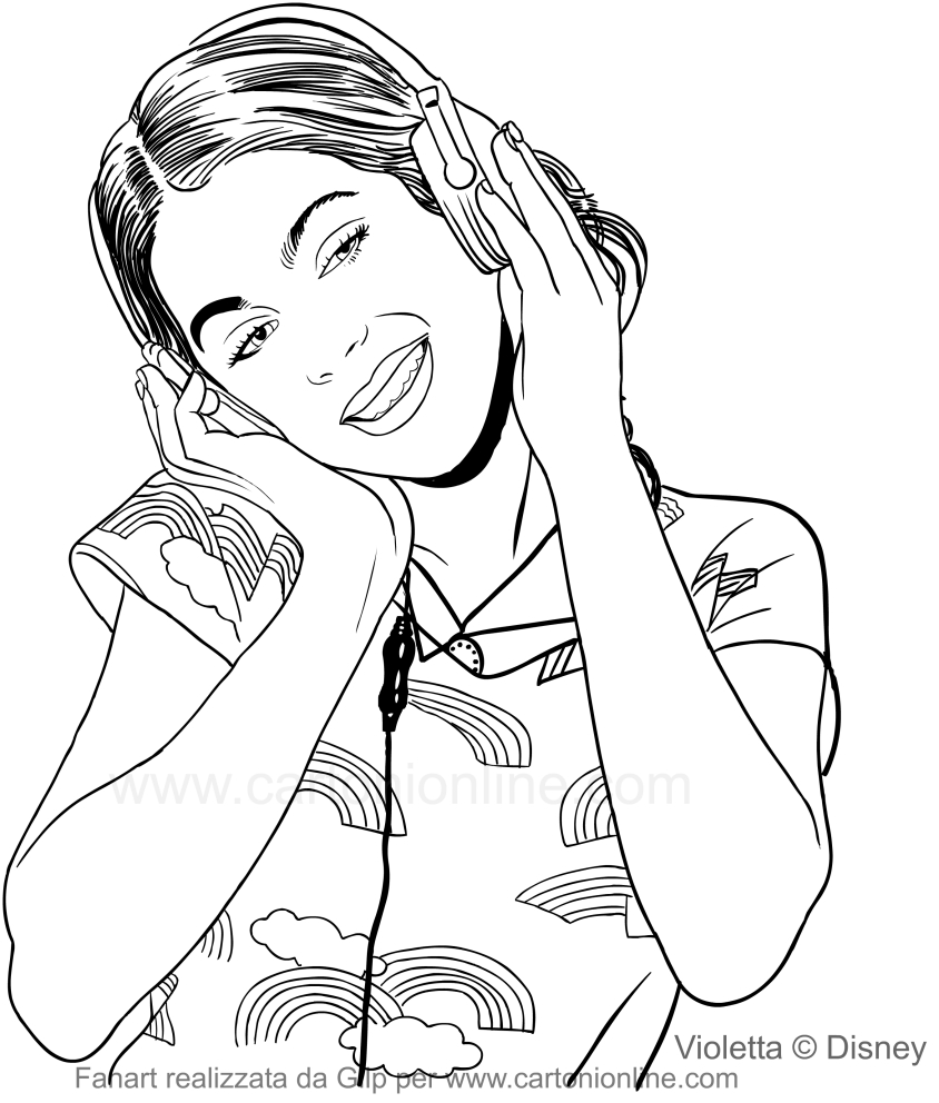 Drawing of Violetta listening to music with headphones to print and color