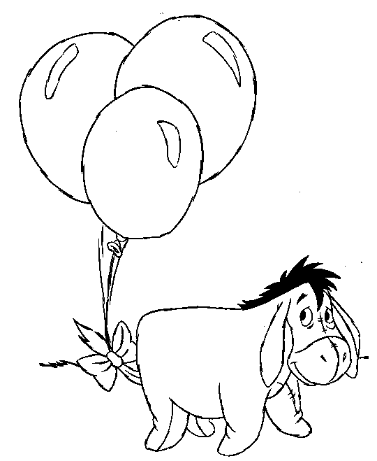 Målarbok av Eeyore-åsnan med ballonger bundna till svansen