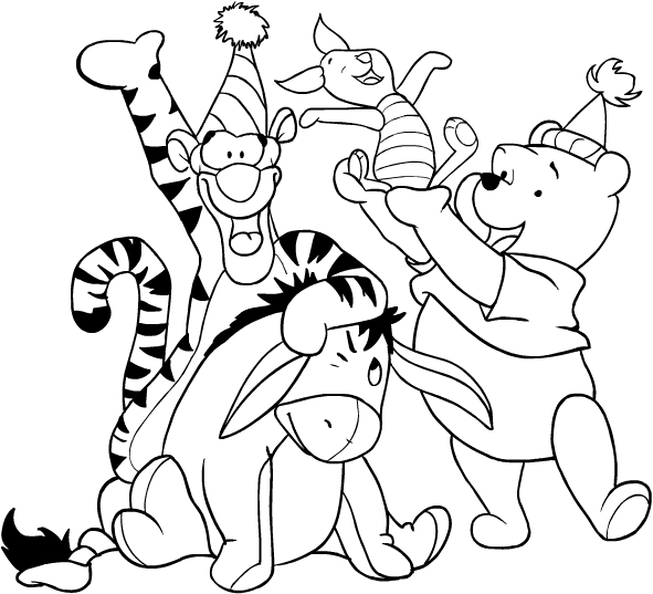 Disegno di Winnie the Pooh e i suoi amici che festeggiano da stampare e colorare