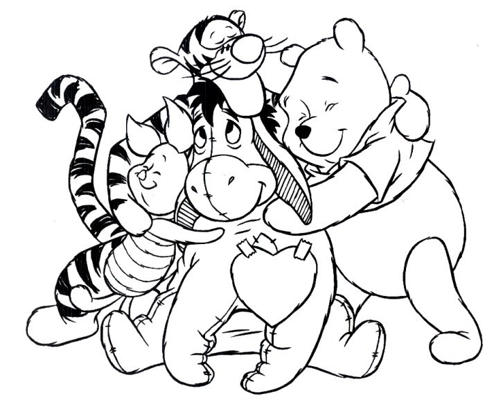 Coloring page of Winnie the Pooh hugging his friends