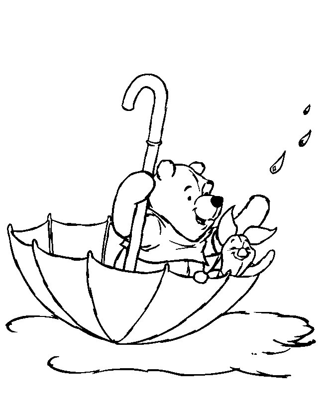 Página para colorir do Ursinho Pooh navegando em um guarda-chuva