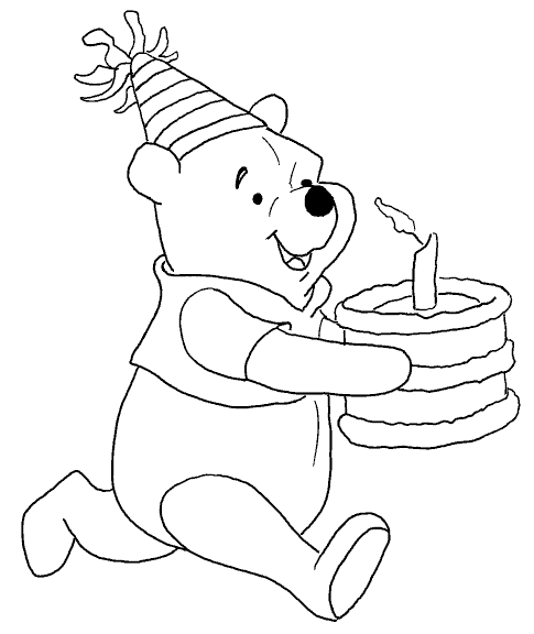 Página para colorir do Ursinho Pooh com bolo de aniversário