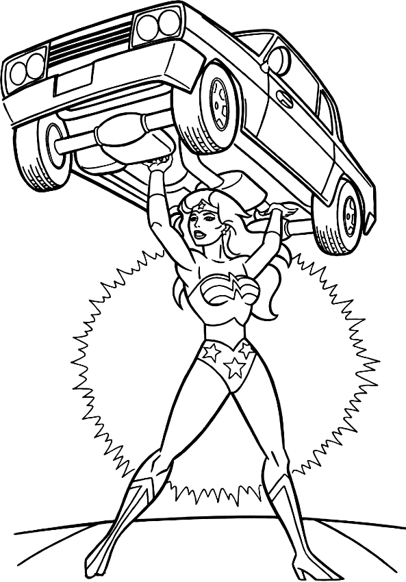 Wonder Woman ridicând o mașină pentru a imprima și a colora
