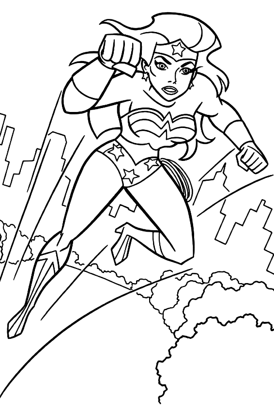 Disegno di Wonder Woman che vola da stampare e colorare