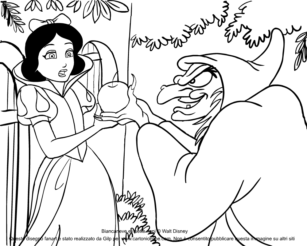 白雪姫と魔女のぬり絵を描く