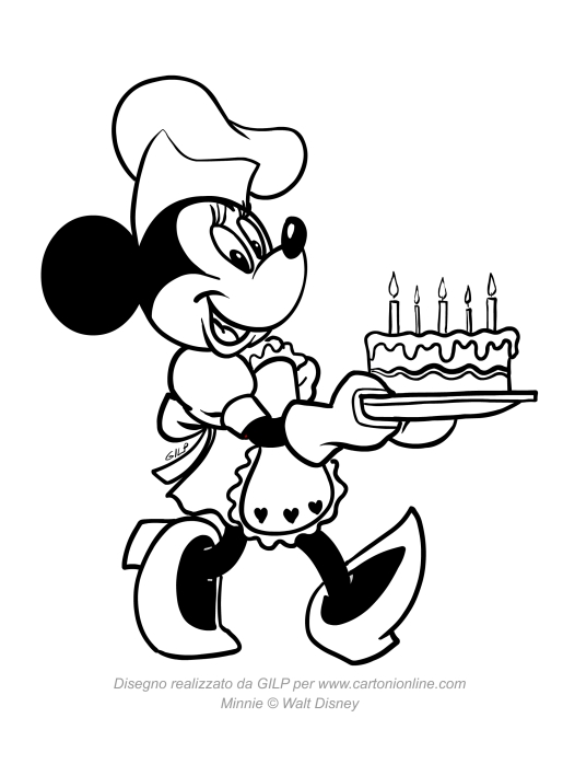 Disegno da colorare di Minnie con una torta di compleanno