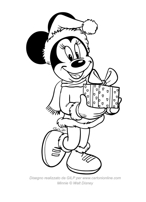 Kolorowanka z Myszką Minnie w czapce Świętego Mikołaja i prezentem