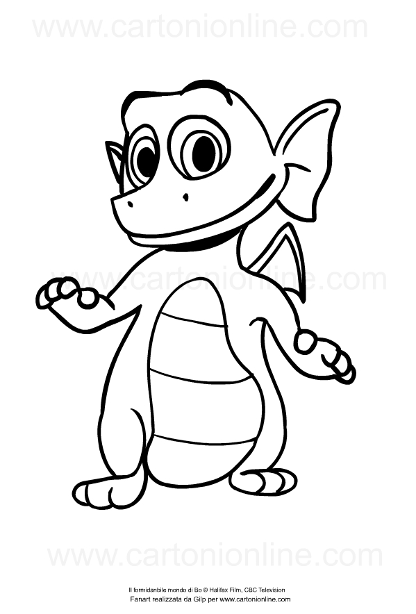 Drawing of Dezzy the dragon from Bo on the Go to print and coloring