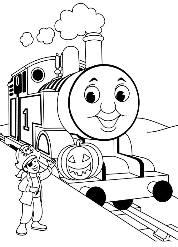 Drawing the Thomas train who celebrates Halloween with a pumpkin coloring pages printable for kids