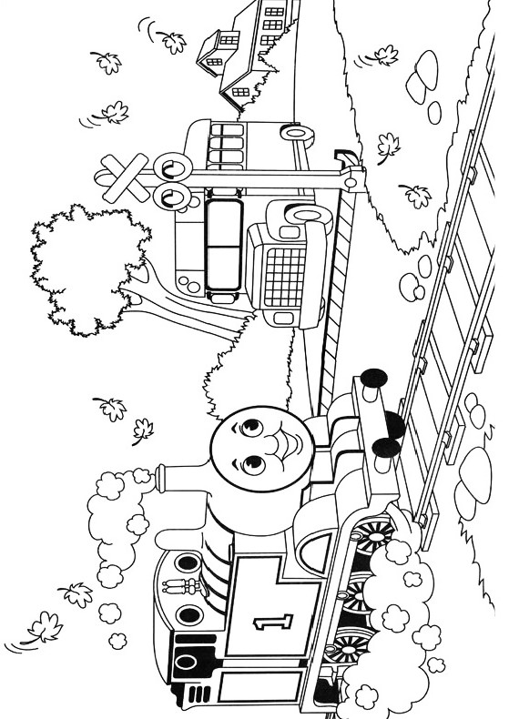 Drawing Thomas train in the level crossing coloring pages printable for kids