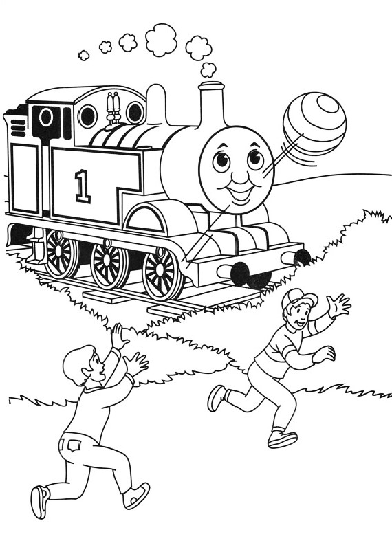 Drawing train Thomas and the children playing with the ball coloring pages printable for kids
