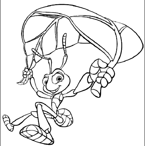 Drawing Flik fly with the leaf (A Bug's Life) coloring pages printable for kids