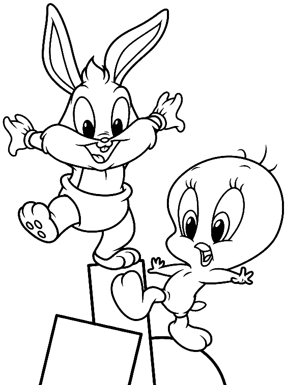 Drawing Baby Bugs Bunny playing with Baby Tweety (Baby Looney Tunes) coloring pages printable for kids