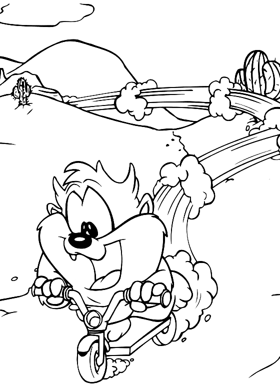 Drawing Baby Taz who running in the scooter (Baby Looney Tunes) coloring pages printable for kids