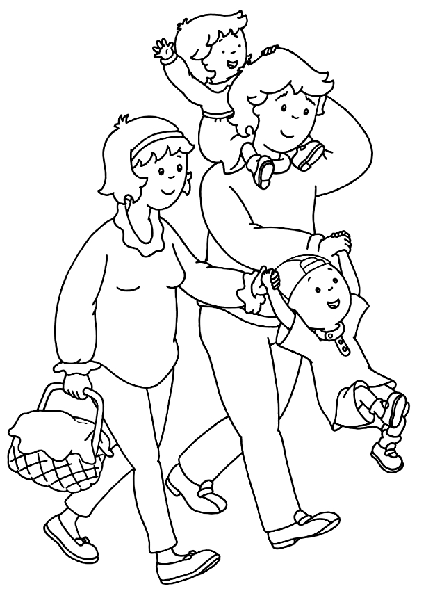 Drawing of Caillou with his family to print and coloring