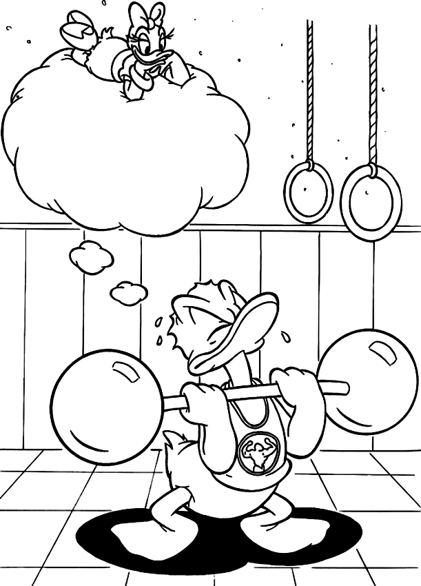 Drawing Donald Duck weightlifter  coloring pages printable for kids 