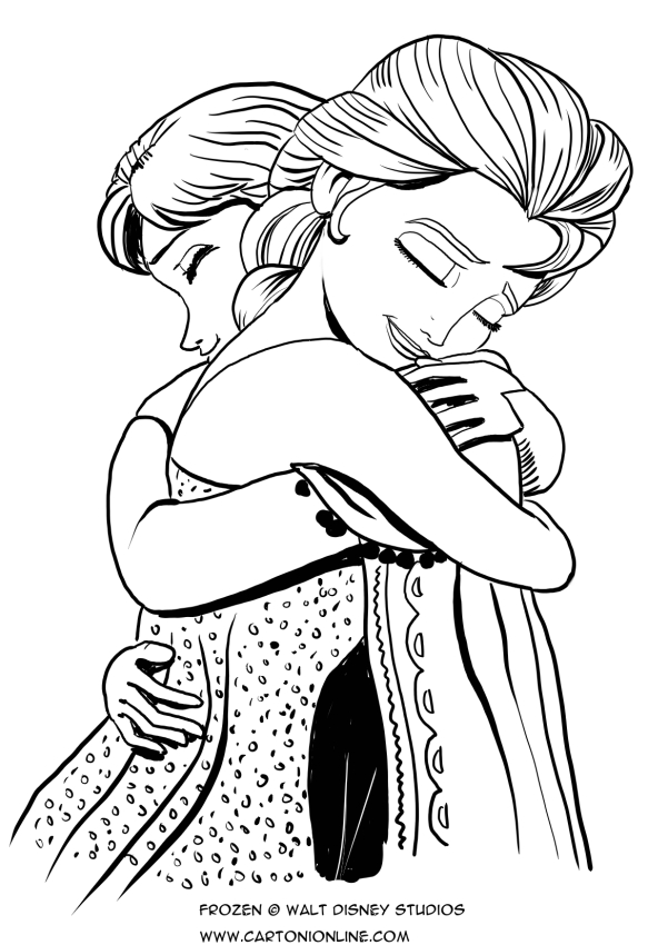 Anna And Elsa Hug Coloring Page