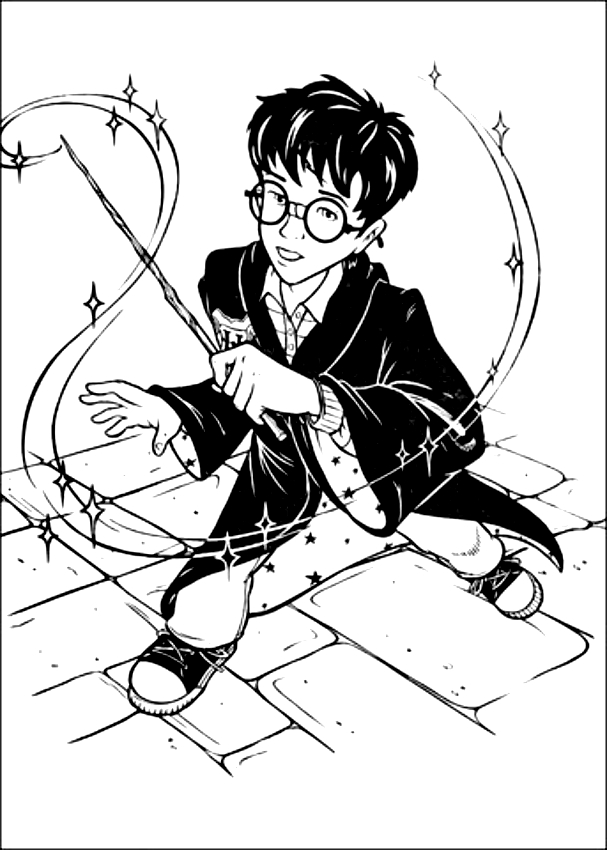 Drawing of Harry Potter con la bacchetta magica to print and coloring