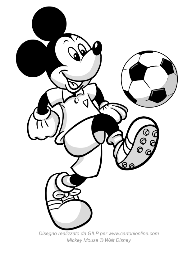 Drawing Mickey Mouse who kick a soccer ball coloring pages printable for kids 
