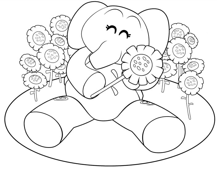 Drawing Elly, the pink elephant in the flowers coloring pages printable for kids