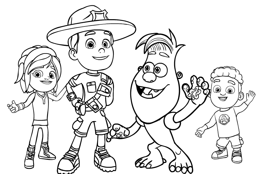 Drawing of Ranger Rob and his friends to print and coloring