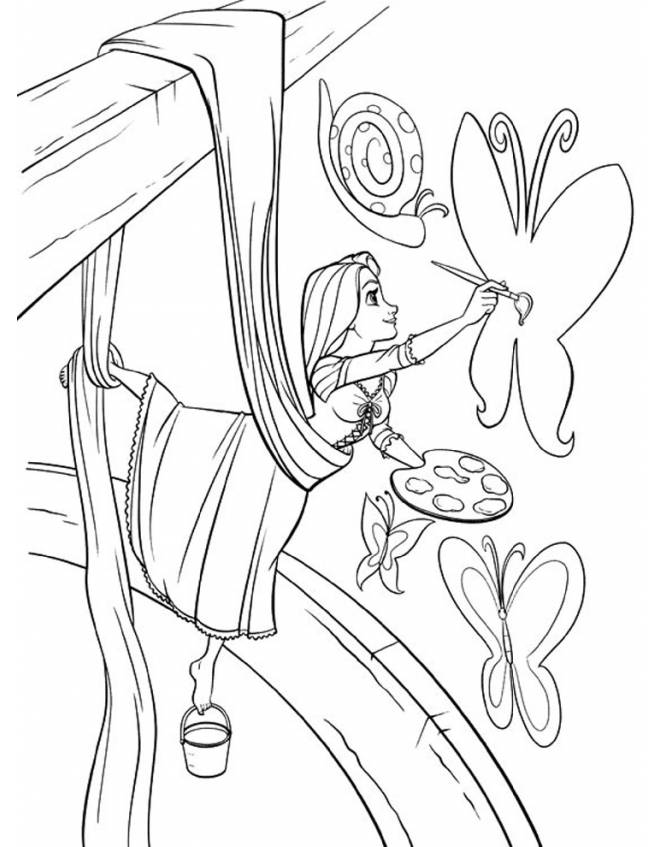  Rapunzel painting the walls of the tower coloring page to print 