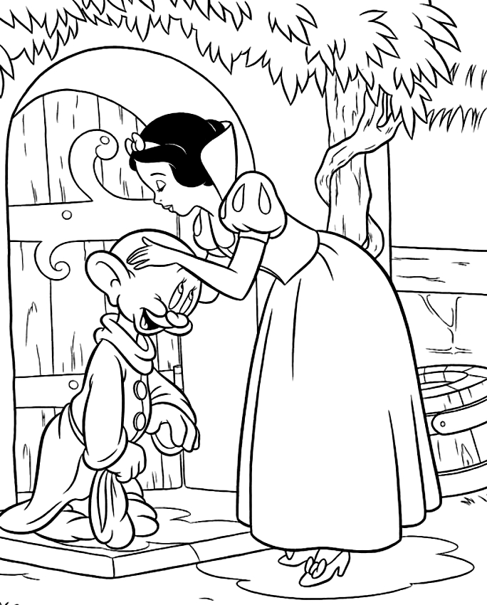 Drawing of Snow White who kiss happy to print and coloring