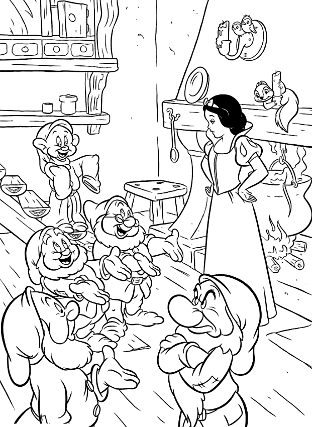 Drawing of Snow White che controlla le mani pulite dei sette nani to print and coloring