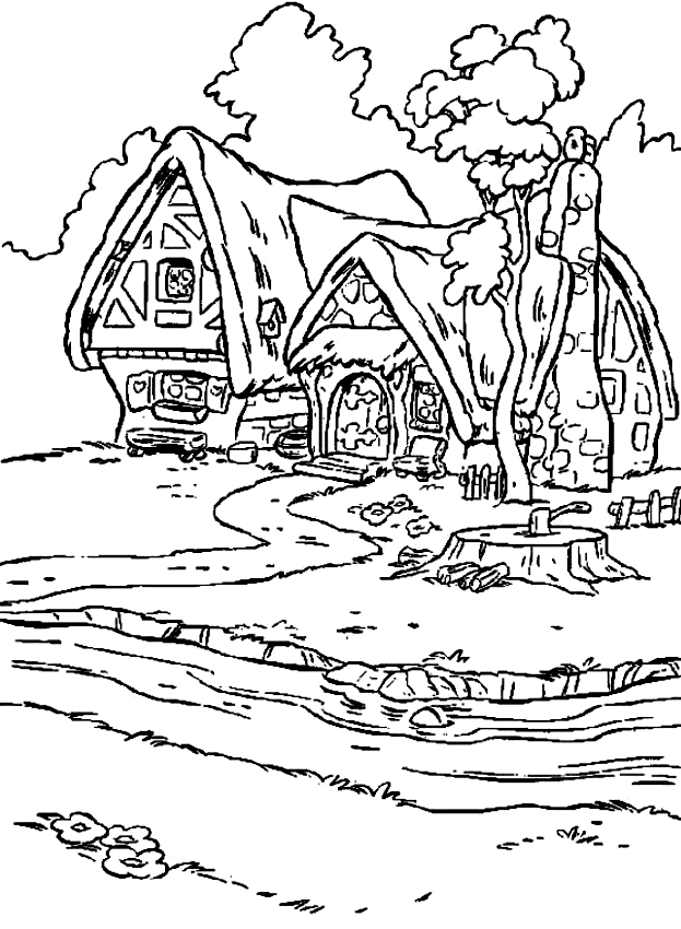 Drawing of the house of the seven dwarfs to print and coloring